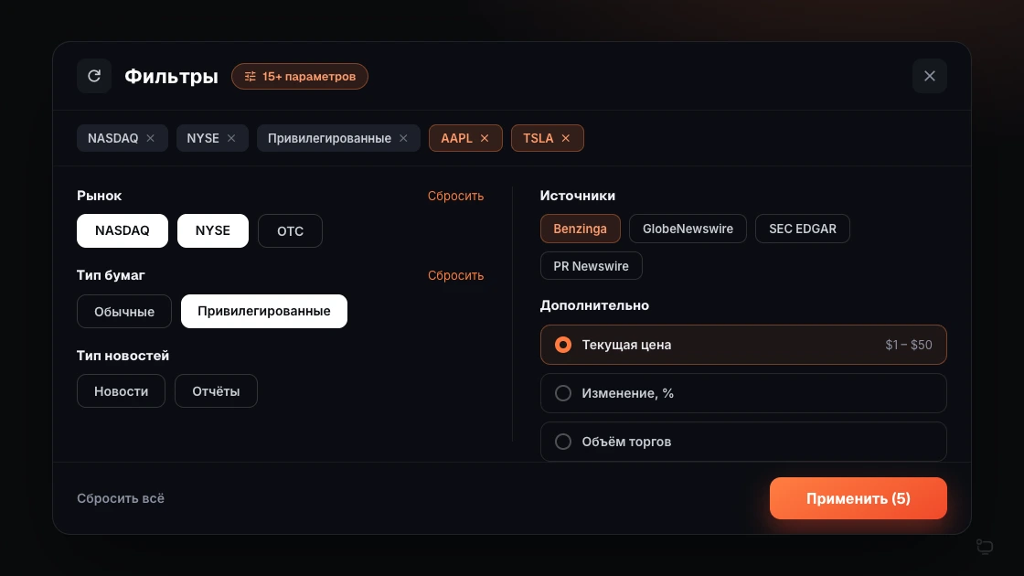 Панель фильтров по тикерам и источникам